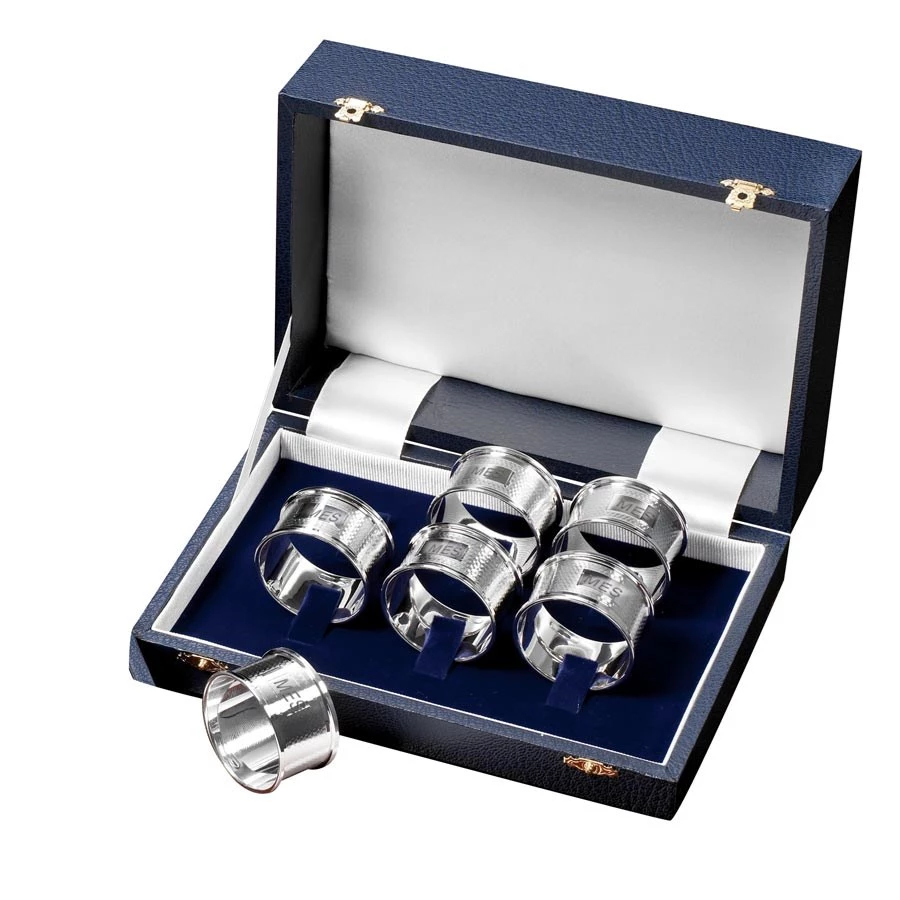 Scully & Scully Sterling Silver Engine-Turned Napkin Rings, Boxed Set Of Six 3 Scully & Scully Sterling Silver Engine-Turned Napkin Rings, Boxed Set Of Six
